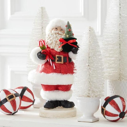 Vintage Looking Santa with Candy Cane & Bottle Brush Christmas Tree