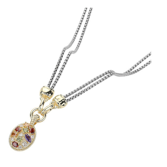 14K Gold Plated CZ Cubic Zirconia Stone Embellished Oval Pendant Double Chain Toggle Necklace