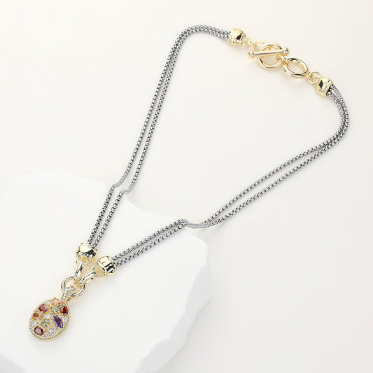 14K Gold Plated CZ Stone Oval Pendant Double Chain Toggle Necklace
