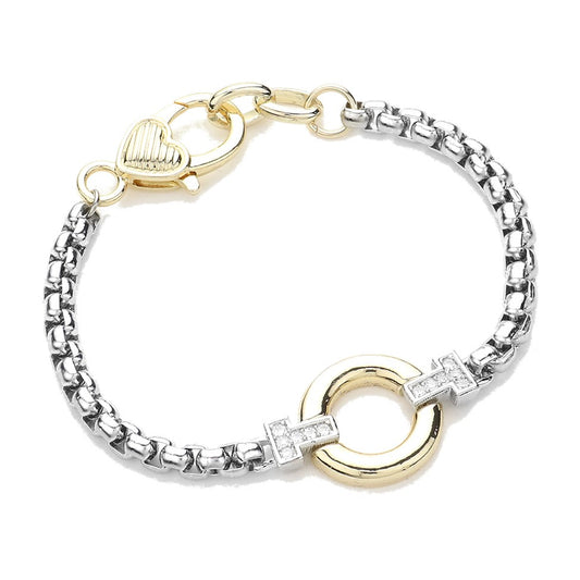 14K Gold Plated CZ Cubic Zirconia Stone Pave Circle Two Tone Bracelet