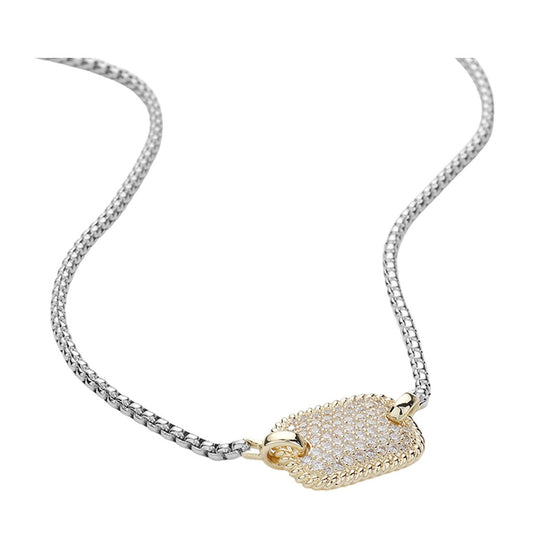 14K Gold Plated CZ Cubic Zirconia Stone Pave Rectangle Plate Pendant Necklace