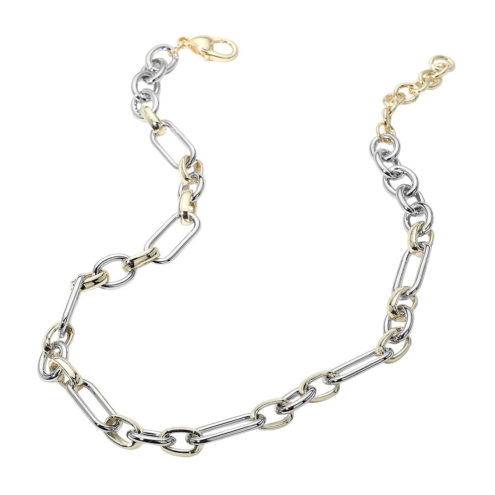 Two-tone chain necklace with silver and gold links on a white background