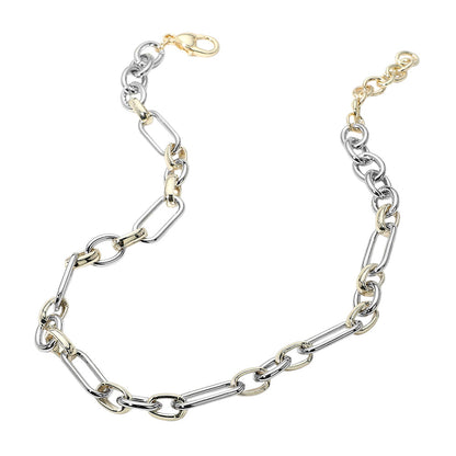 Two-tone chain necklace with silver and gold links on a white background