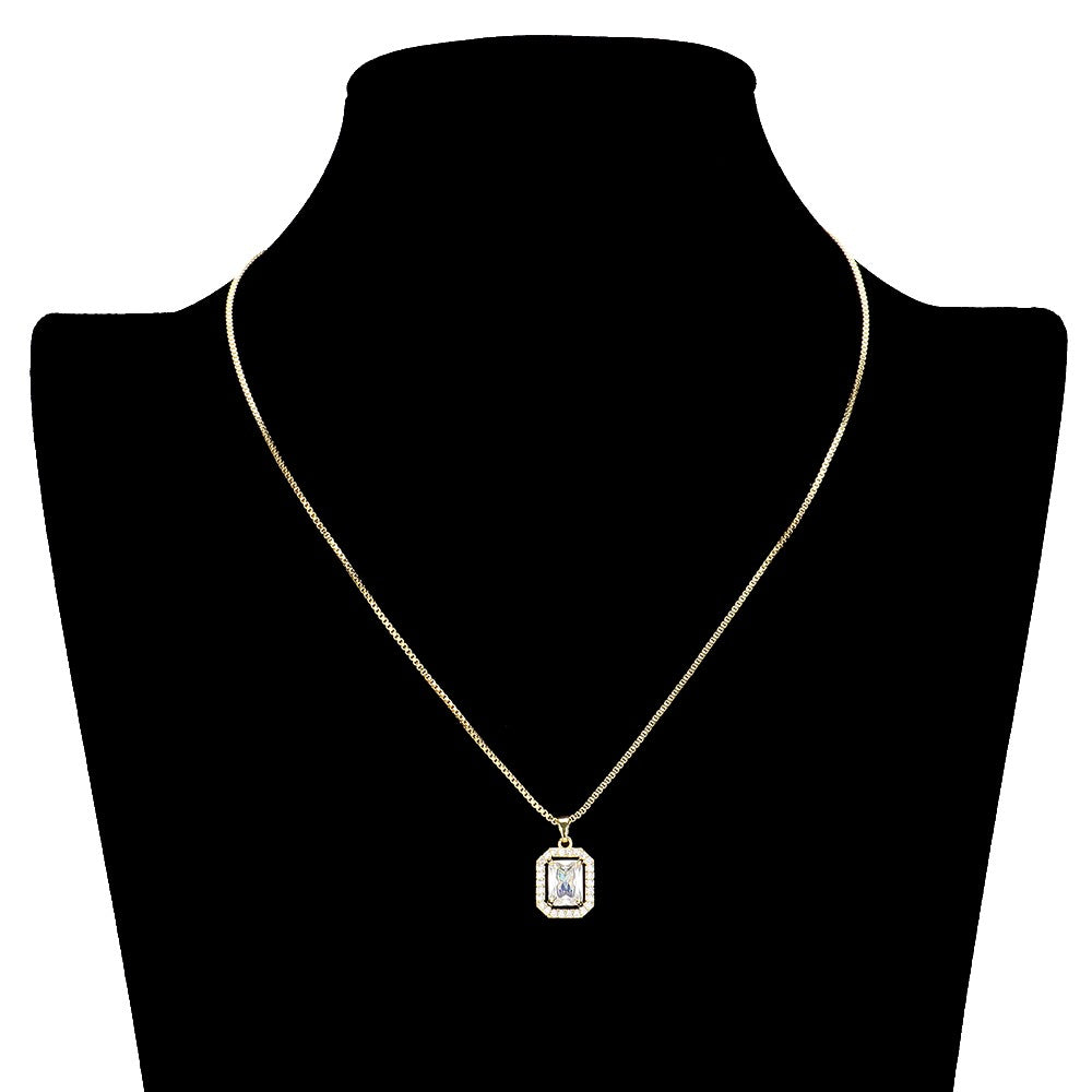 CZ Halo Square Pendant Necklace