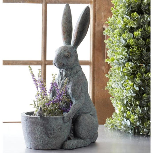 Patina Green Bunny Rabbit with Planter and Bird