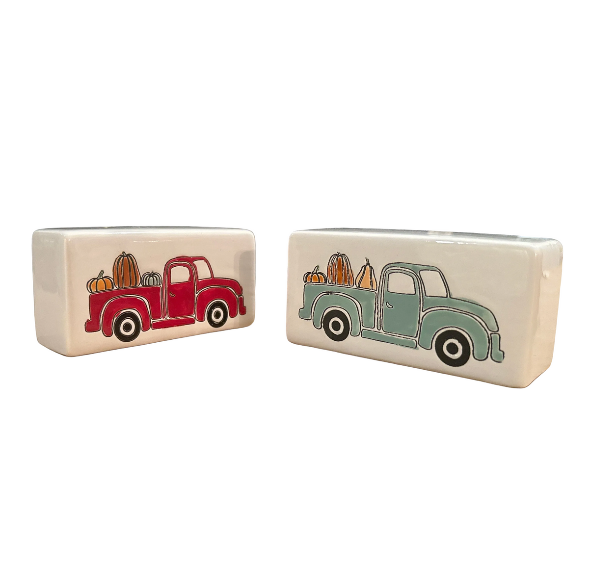 Pumpkin Truck Rectangle Box Sign features a vintage pickup filled with colorful pumpkins. Red or mint green for a charming fall and harvest accent.