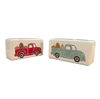 Pumpkin Truck Rectangle Box Sign features a vintage pickup filled with colorful pumpkins. Red or mint green for a charming fall and harvest accent.