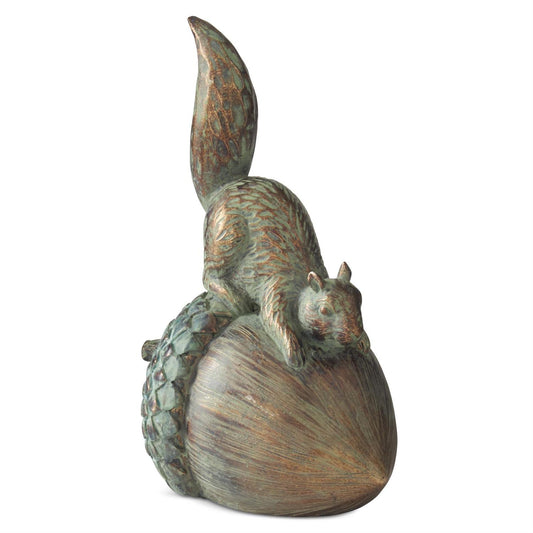 Bronze (Copper Patina) 
sculpture of a squirrel on an acorn
