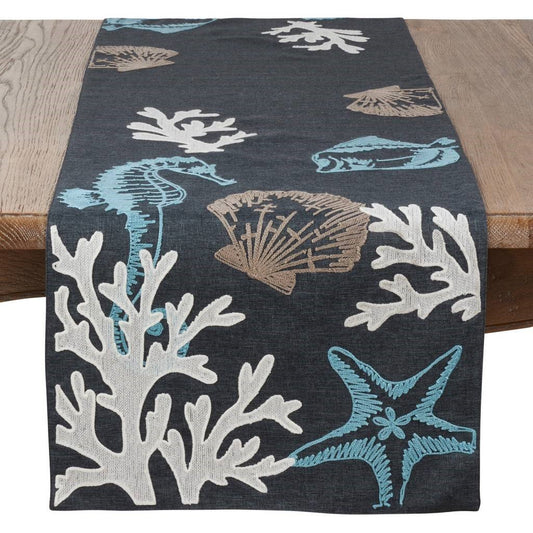 Embroidered Coastal Sea Life Table Runner - 16"x70"