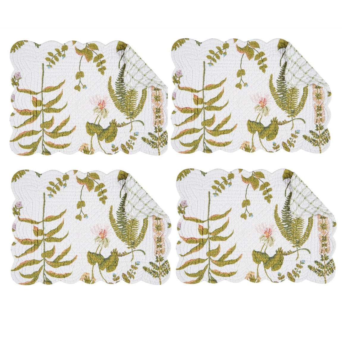 Four rectangular placemats with scalloped edges arranged in a 2x2 grid. The placemats feature a botanical pattern with green ferns, leaves, and small pink flowers on a white background.