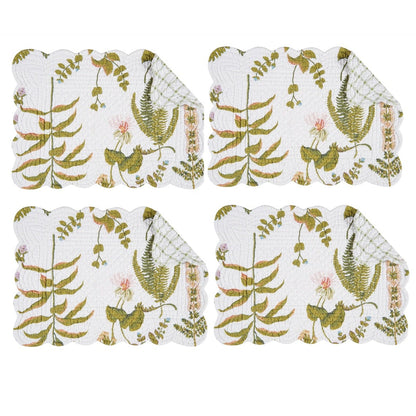 Four rectangular placemats with scalloped edges arranged in a 2x2 grid. The placemats feature a botanical pattern with green ferns, leaves, and small pink flowers on a white background.