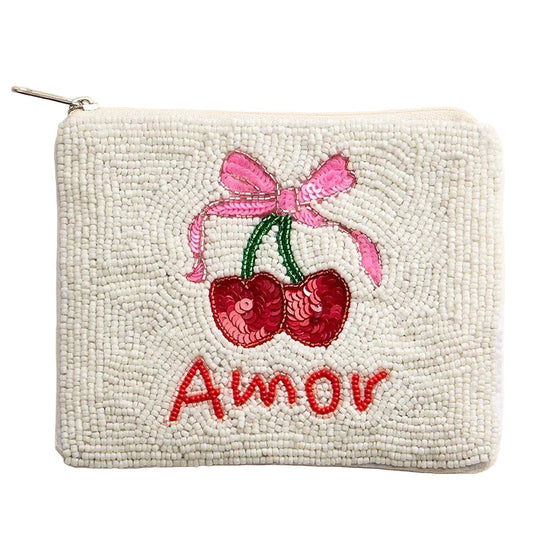 "Amor" Bow Cherry Seed Beaded Coin Purse