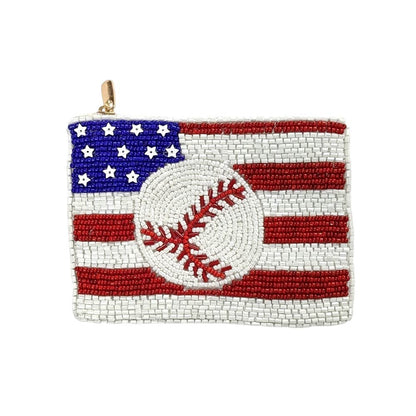 Purse with American flag design and baseball symbol on a white background