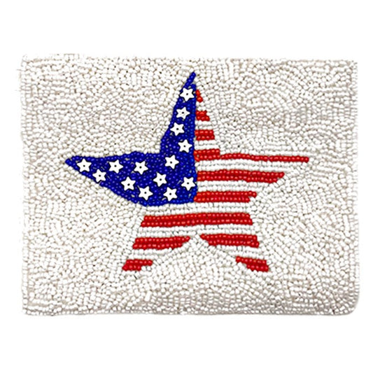 American USA Flag Star Seed Beaded Pouch Bag Coin Purse