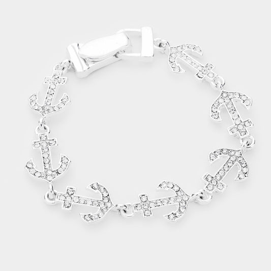 Anchor Rhinestone Pave Antique Silver Metal Link Bracelet