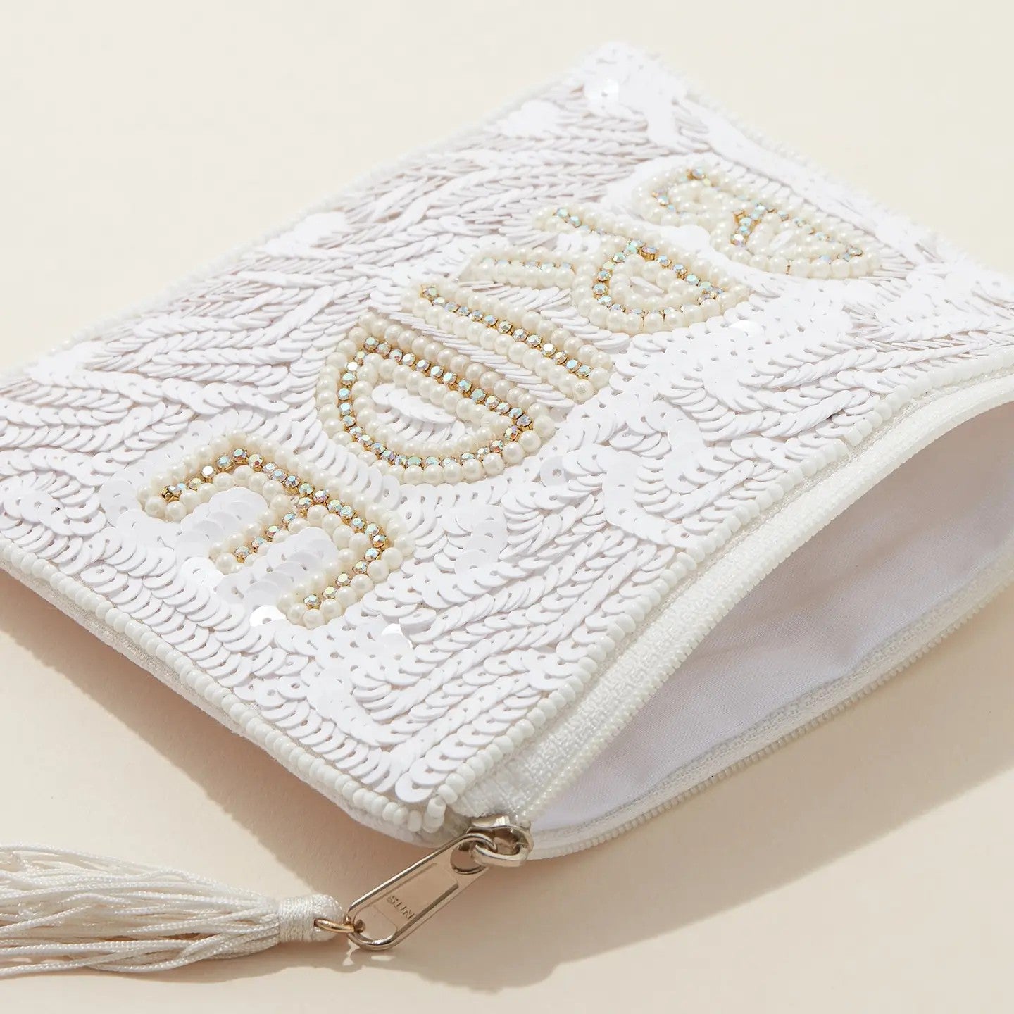 "Bride" Beaded Zippered Clutch Pouch - Coin Purse - with a Tassel