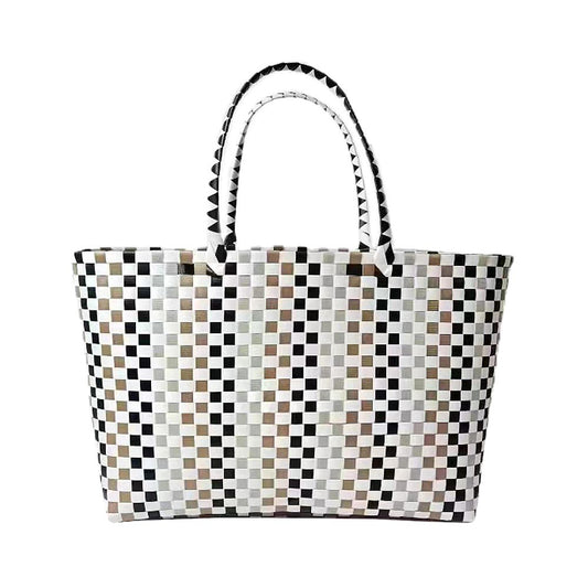 Oversized Checked White, Black, Brown Beach Basketweave Tote Bag/Shoulder Bag/Purse
