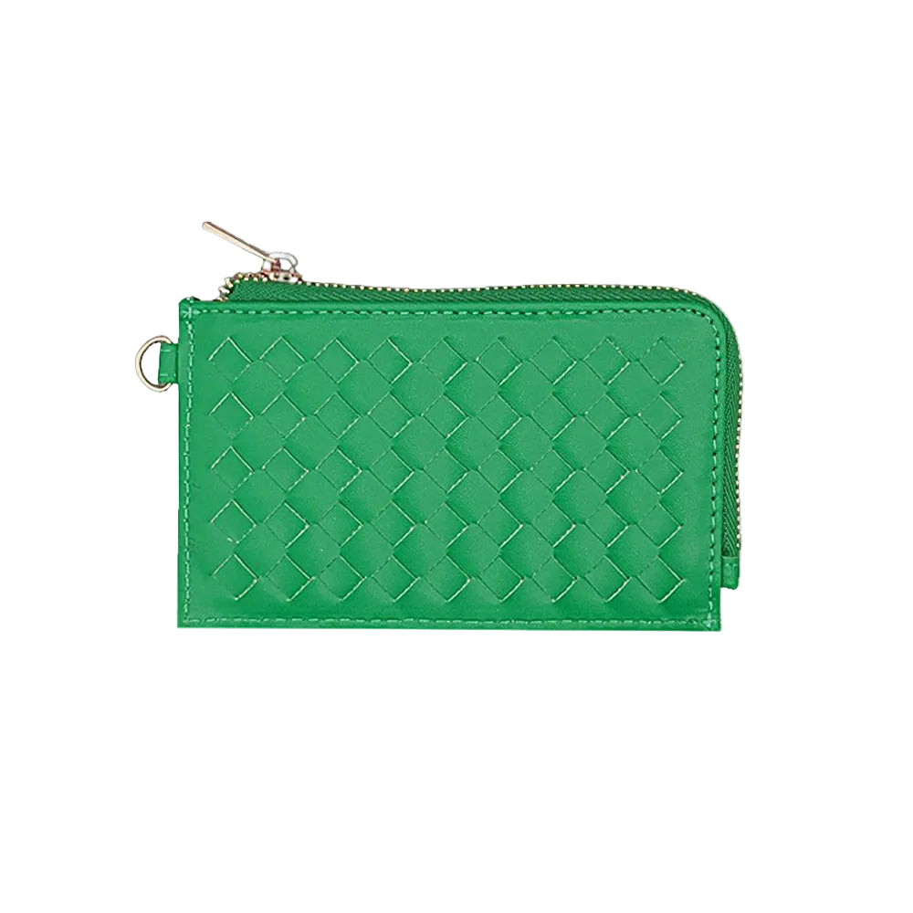 Green woven zippered wallet pouch on a white background