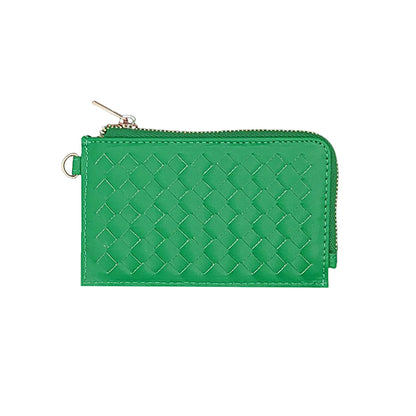 Green woven zippered wallet pouch on a white background
