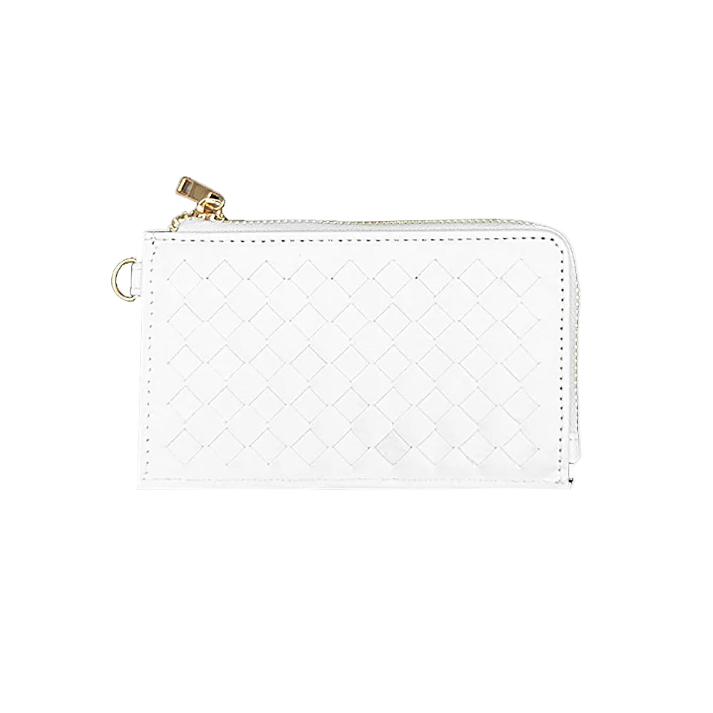 White quilted wallet with gold zipper on a white background