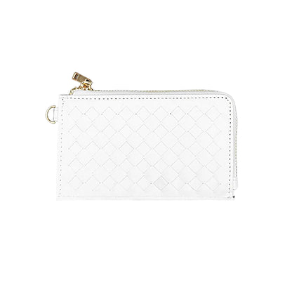 White quilted wallet with gold zipper on a white background