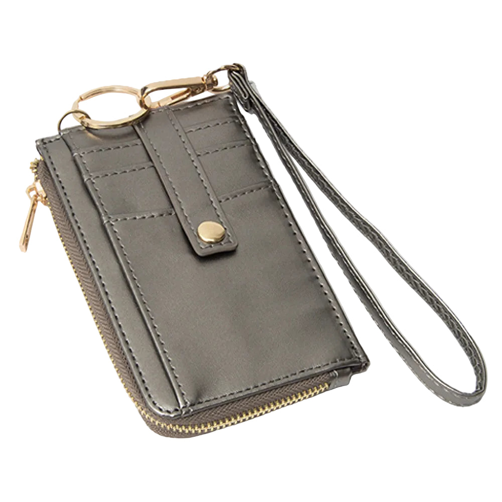 Gray wallet with wrist strap and key ring on a white background