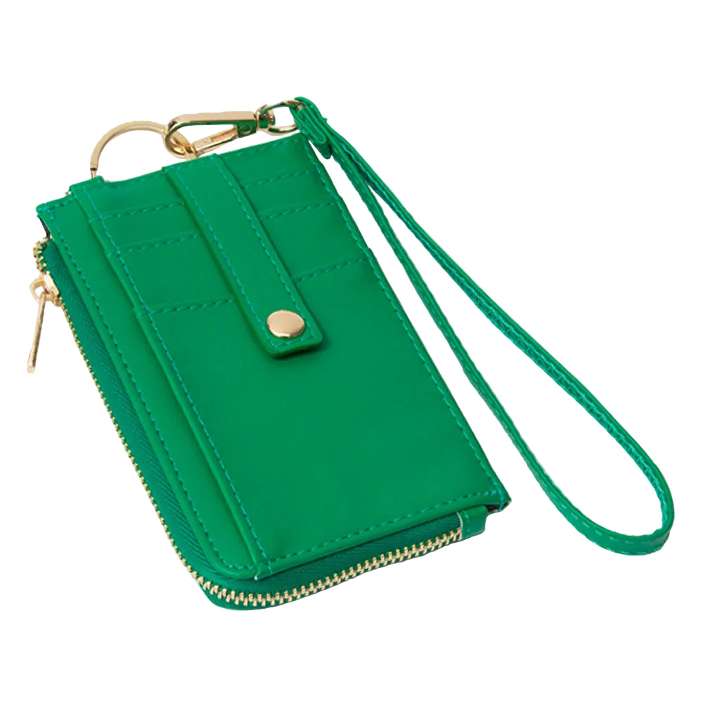 Green wallet with wrist strap on a white background