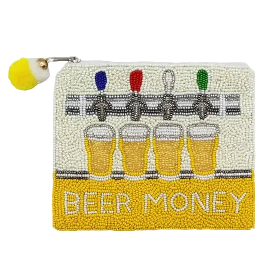 Beaded pouch with beer-themed design and 'Beer Money' text on a white background