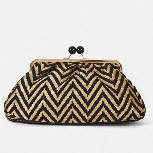 Zig Zag Woven Clutch  ,  Handbag  ,  Purse (Black, Tan)