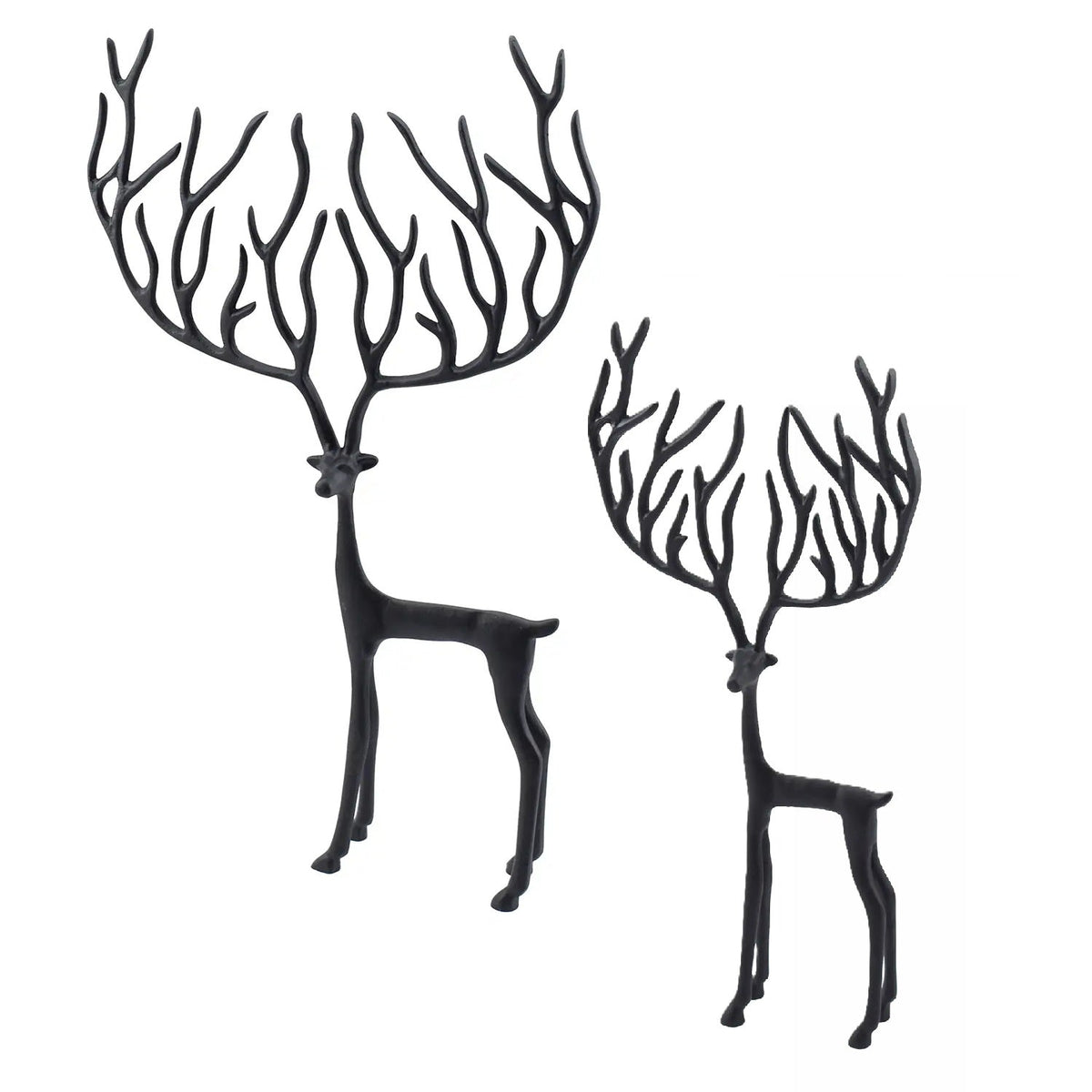 Shop elegant black metal reindeer with dramatic branching antlers. Perfect for Christmas, winter woodland displays, and rustic holiday décor. Sold separately.