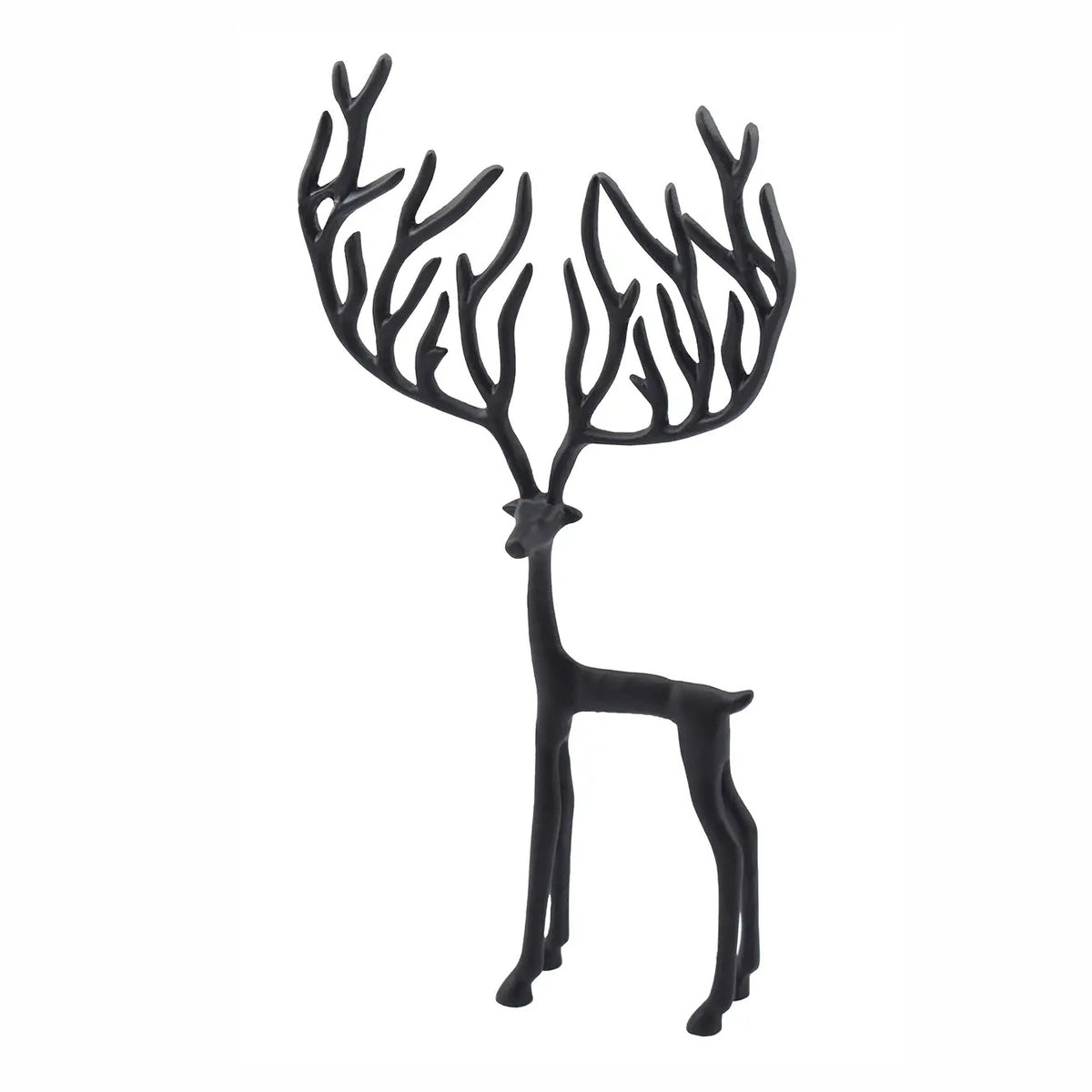 Sculptural Black Metal Reindeer featuring  a sleek, elongated body and dramatically oversized, branching antlers.