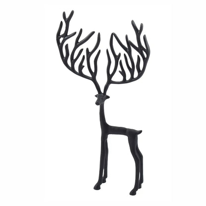 Sculptural Black Metal Reindeer featuring  a sleek, elongated body and dramatically oversized, branching antlers.