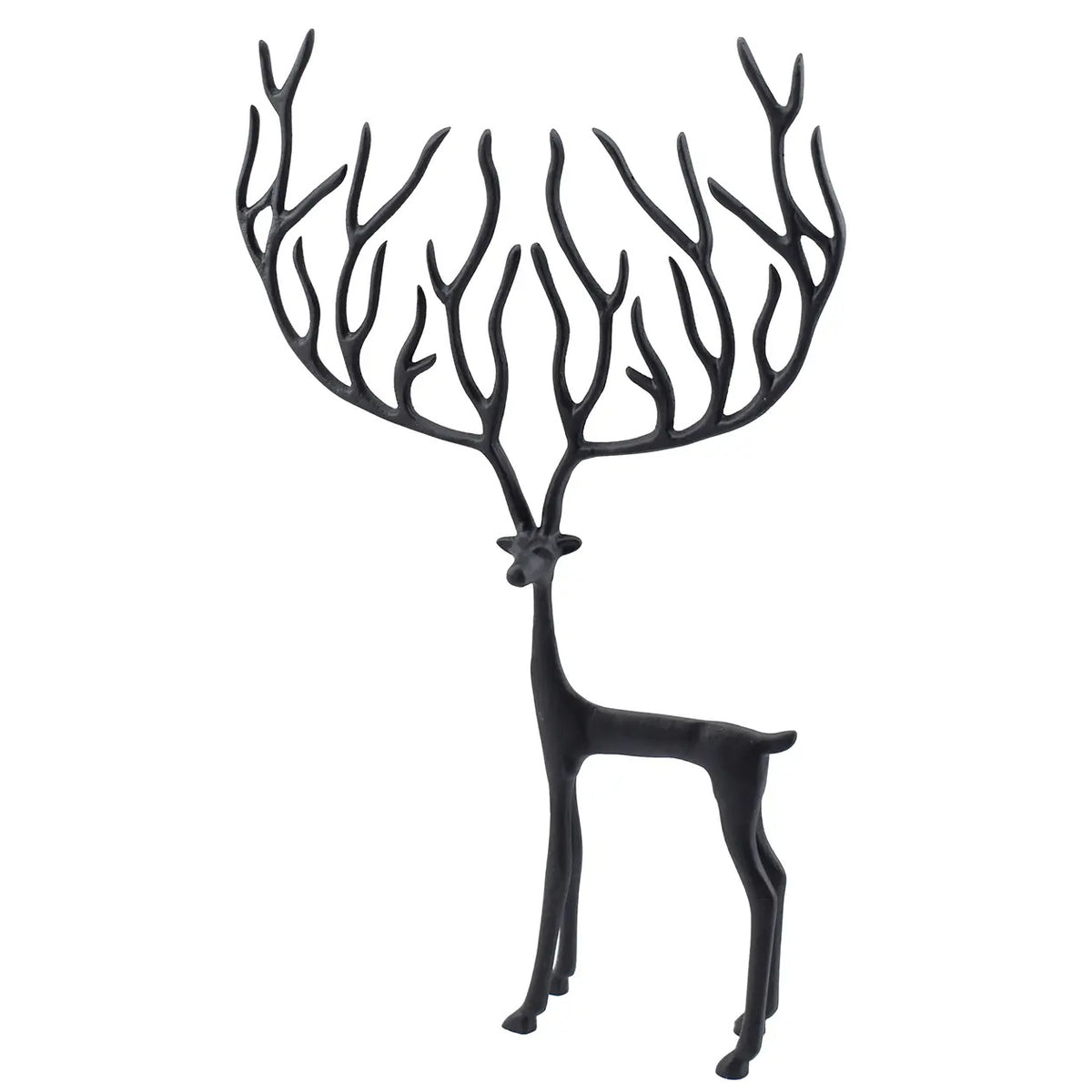 Sculptural Black Metal Reindeer featuring  a sleek, elongated body and dramatically oversized, branching antlers.