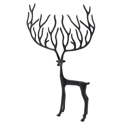 Sculptural Black Metal Reindeer featuring  a sleek, elongated body and dramatically oversized, branching antlers.