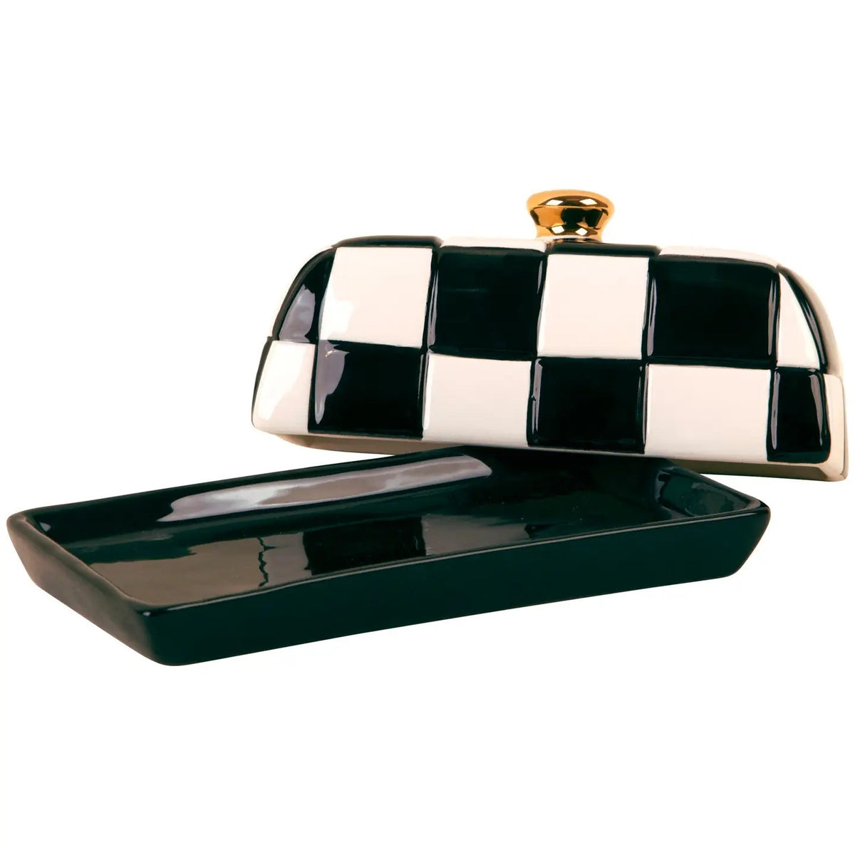 Black and white checkered ceramic butter dish with a solid black base and gold-tone knob. A playful, polished addition to the kitchen or table.