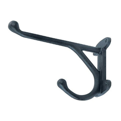 A black metal wall hook with a curved arm and a vertical mounting bracket, shown against a plain white background.