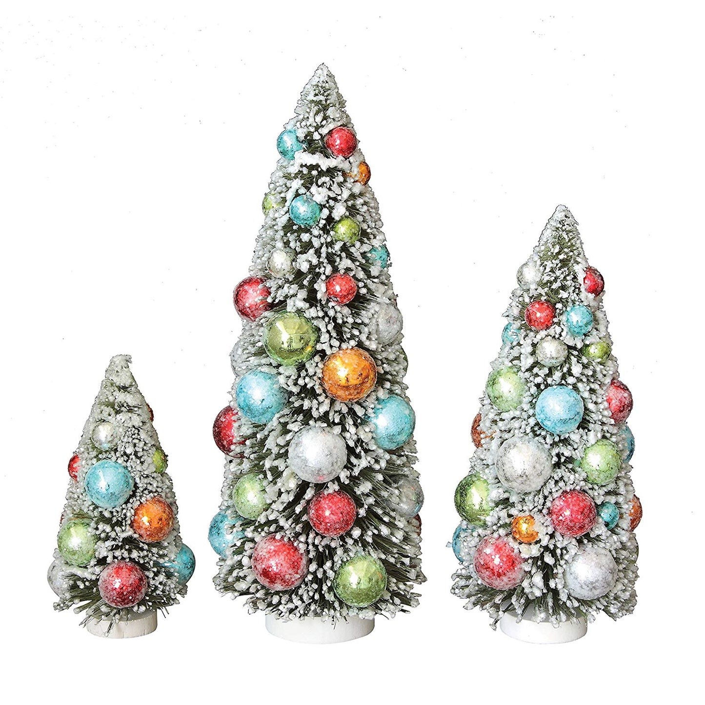 Multi Color Bottle Brush Christmas Trees w ,  Ornaments, Set of 3