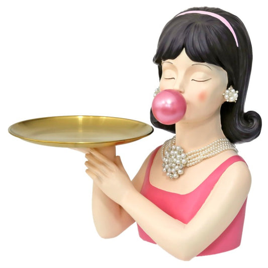 Bubblegum Girl with Gold Serving Tray Big Bubble and Gum - Wearing  pink top, a pearl necklace and earrings