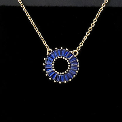 CZ Embellished Open Circle Pendant Necklace (Sapphire Blue)