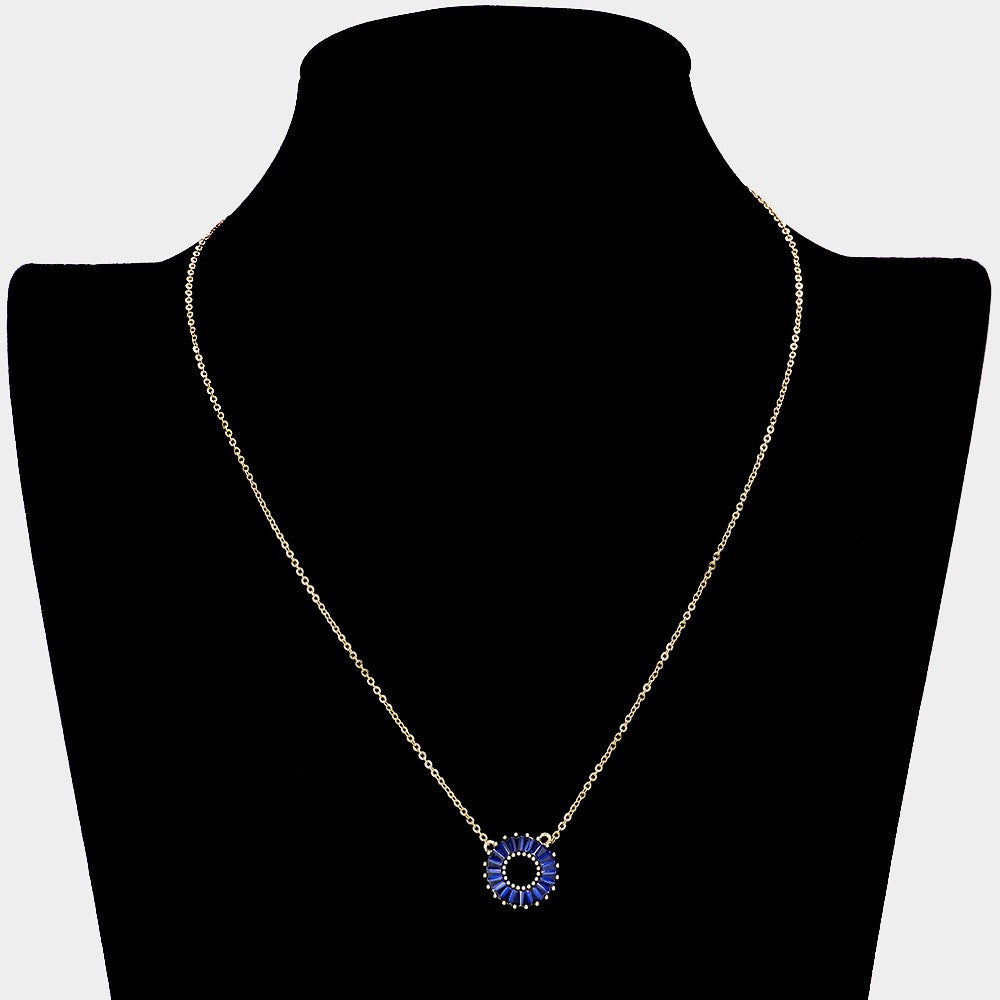 CZ Embellished Open Circle Pendant Necklace (Sapphire Blue)