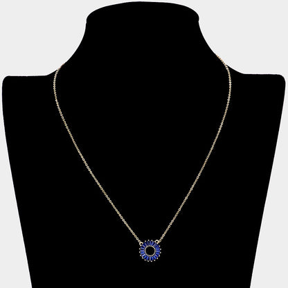 CZ Embellished Open Circle Pendant Necklace (Sapphire Blue)