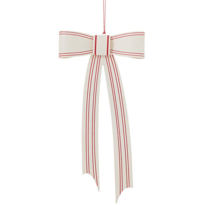 White metal bow ornament with red stripes hanging against a white background