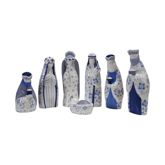 Blue & White Ceramic Nativity with Floral Pattern