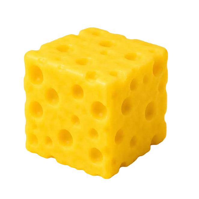 Cube-shaped yellow cheese with holes on a White background