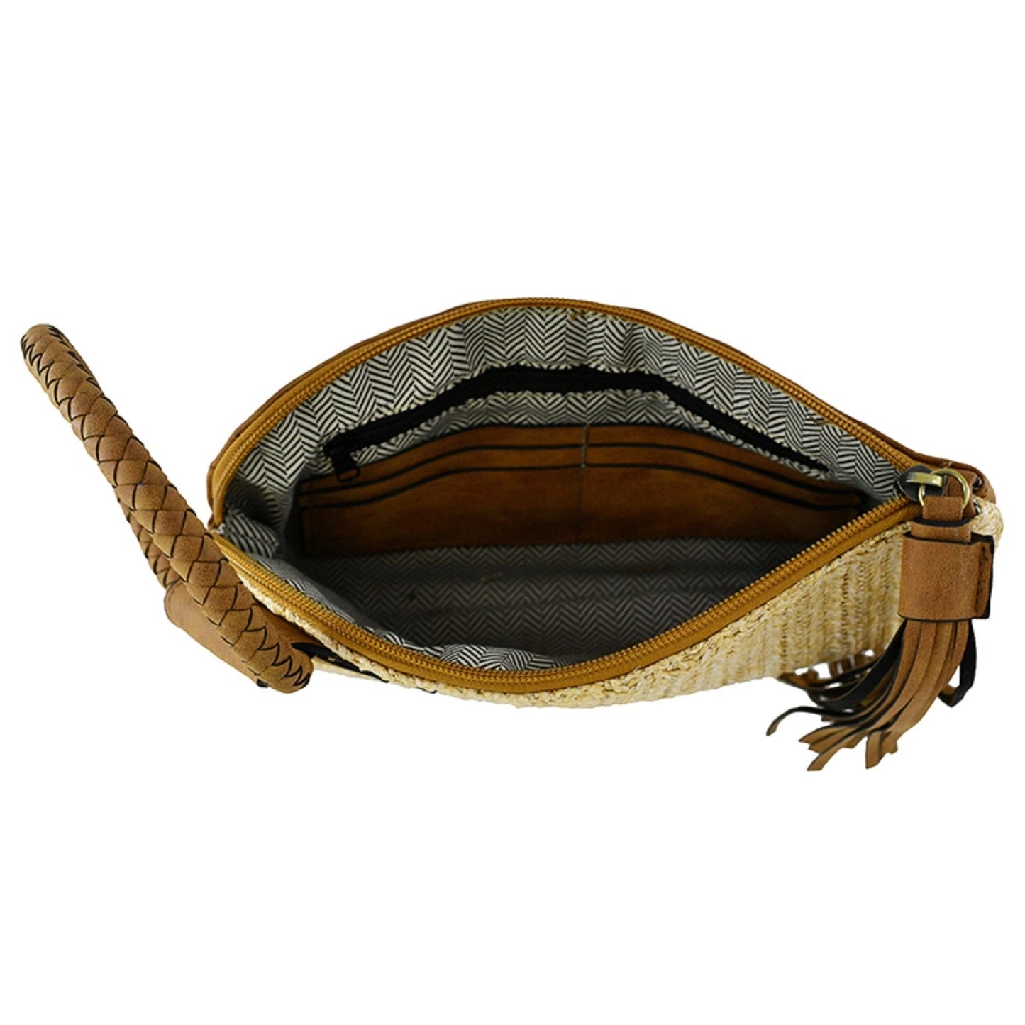 Straw Wristlet Clutch with Vegan Leather Cuff Handle & Tassel