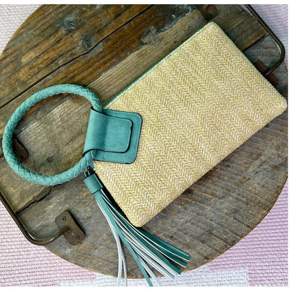 Straw Wristlet Clutch with Vegan Leather Cuff Handle & Tassel