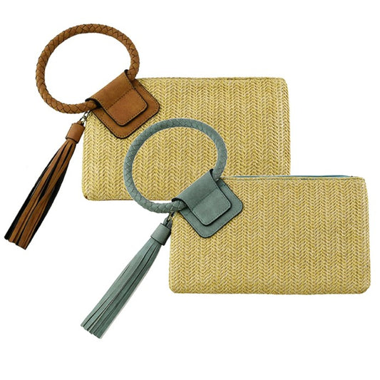 Straw Wristlet Clutch with Vegan Leather Cuff Handle & Tassel