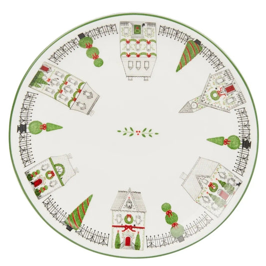 City Sidewalk of Houses Christmas 8" Salad Plate Featuring decorated houses, topiaries, greenery and wrought-iron fencing