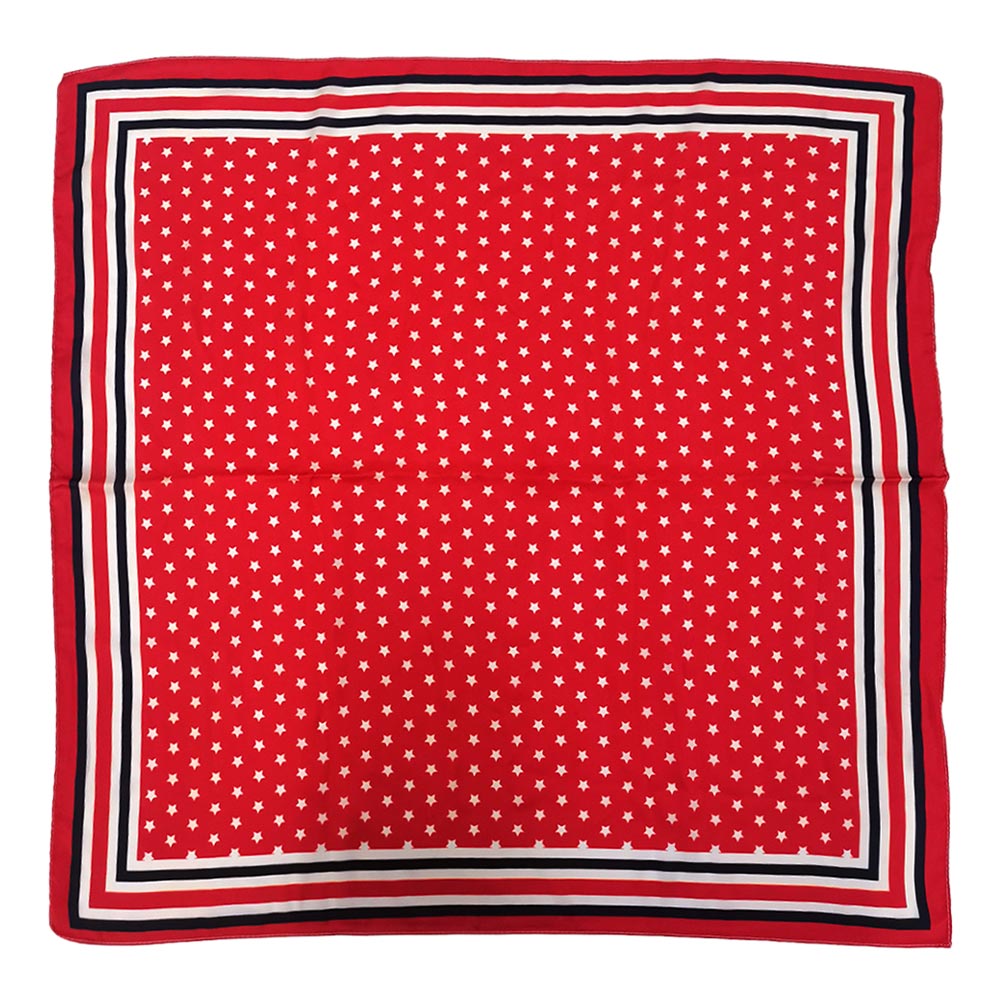 Red square scarf with white star pattern and black border on a white background