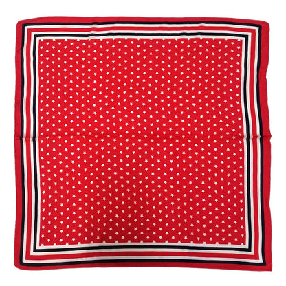 Red square scarf with white star pattern and black border on a white background